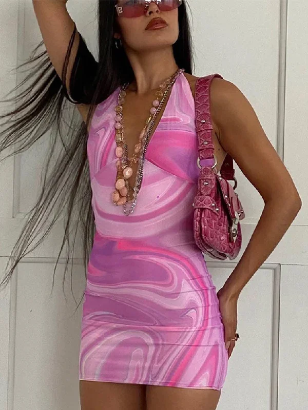 Julia Fashion - Tie Dye Print Hollow Out Halter Mini Dress