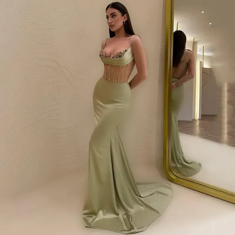 New Charming Light Green Sweetheart Mermaid Prom Party Dress Satin Spaghetti Strap Open Back Evening Dresses Vestidos de noche