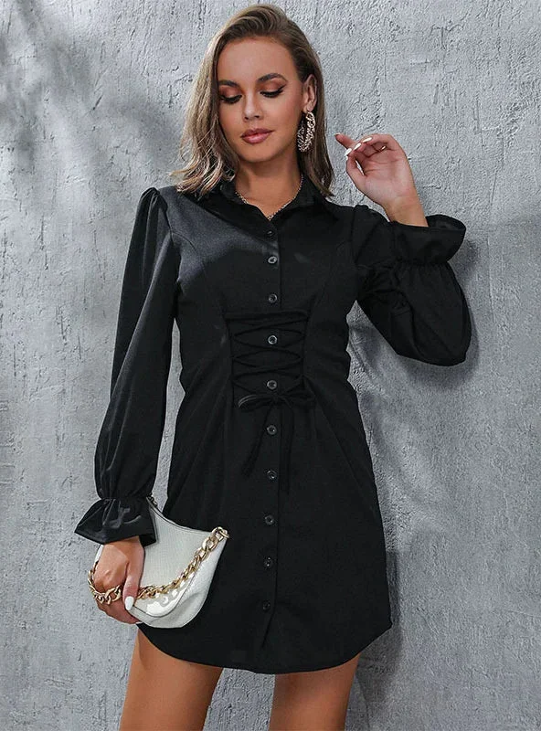 TastyHottie - SLIM CARDIGAN LONG SLEEVE LAPEL SHIRT DRESS