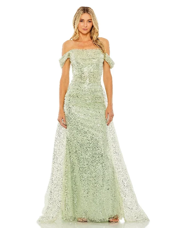 Off the Shoulder Sequin Panel Train Gown