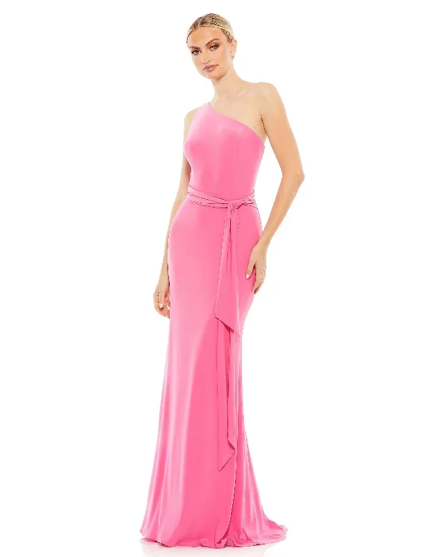 Jersey One Shoulder Belted Trumpet Gown