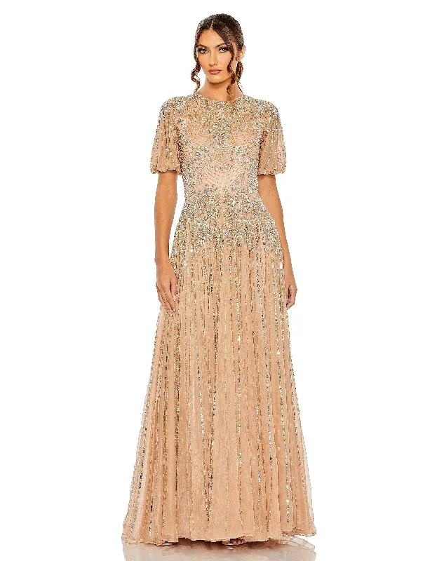 High Neck Puff Sleeve Embellished A Line Gown