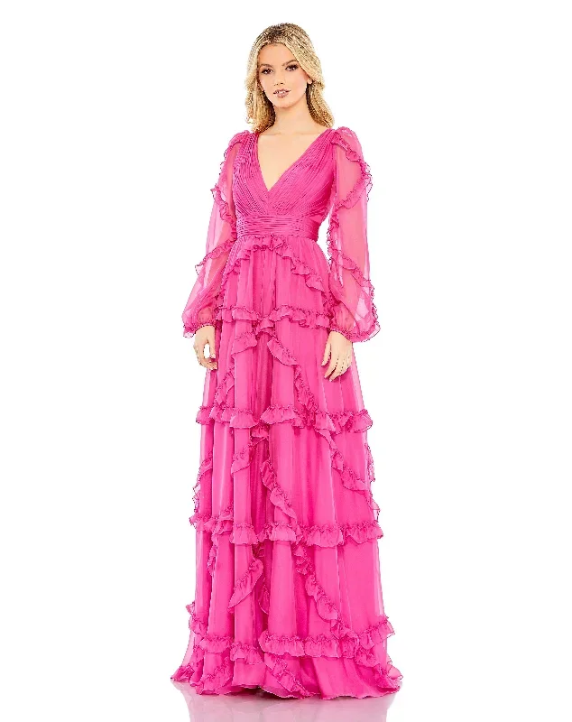 Cascade Ruffle Puff Sleeve A Line Gown