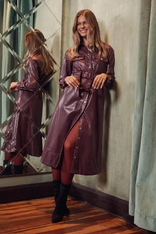 Antoinette Midi Shirt Dress In Plum Leatherette