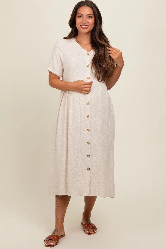 Beige Button Down Maternity Midi Dress