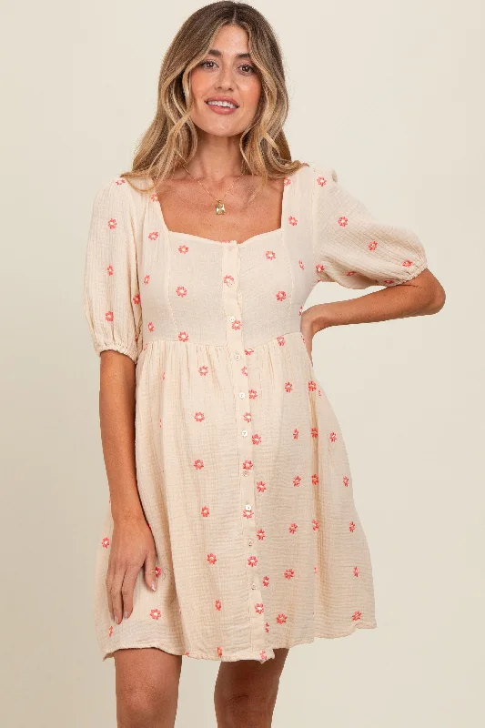 Beige Floral Embroidered Button Front Short Sleeve Maternity Dress