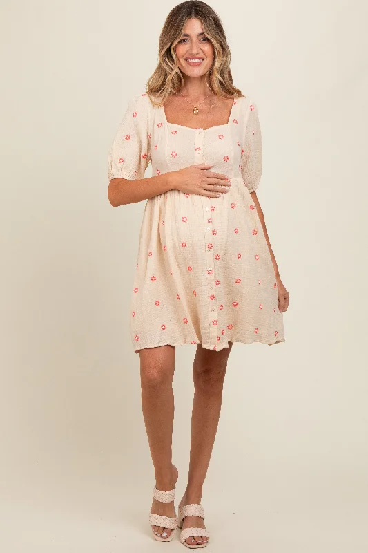 beige-floral-embroidered-button-front-short-sleeve-maternity-dress