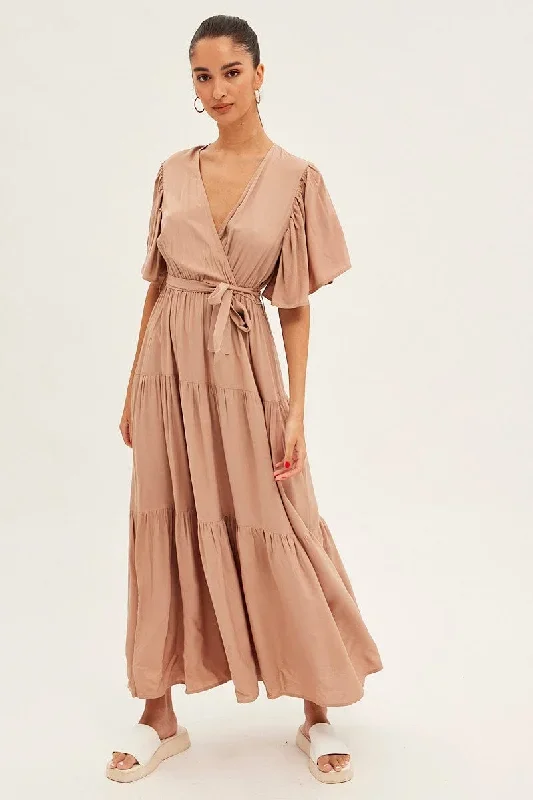 Beige Maxi Dress Short Sleeve Wrap Front Tiered