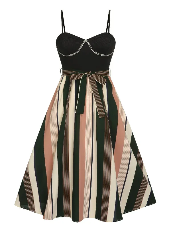 Black 1940s Waist Tie Stripe Straps Dress