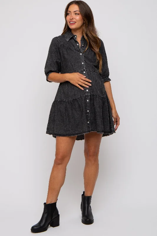 Black Chambray Maternity Tiered Shirt Dress