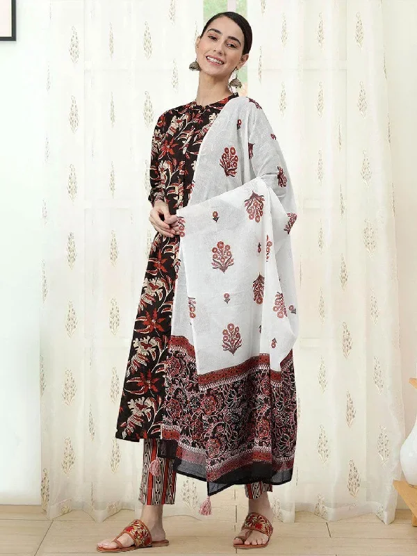 Black Cotton Botanical Print Kurta with Pant and Dupatta