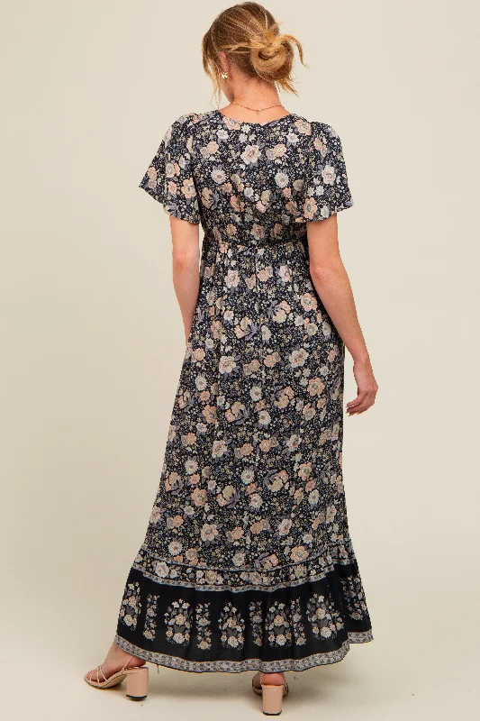 black-floral-border-printed-woven-short-sleeve-v-neck-maternity-maxi-dress