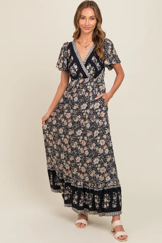 black-floral-border-printed-woven-short-sleeve-v-neck-maternity-maxi-dress