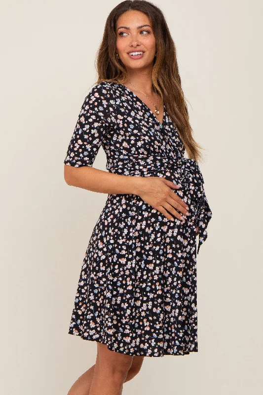 black-floral-wrap-front-v-neck-short-sleeve-maternity-dress