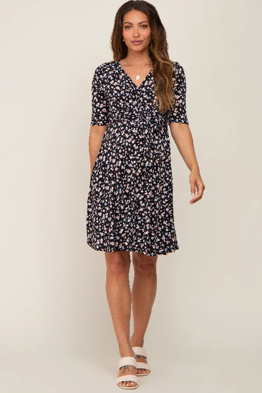 black-floral-wrap-front-v-neck-short-sleeve-maternity-dress