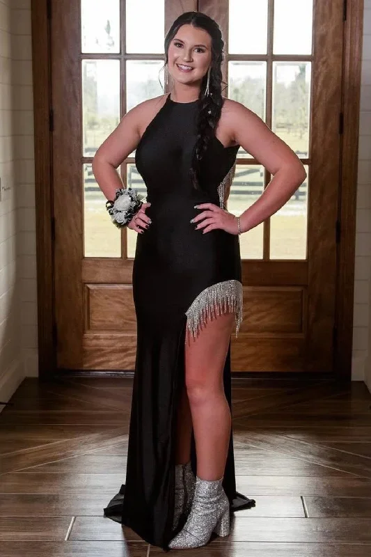 Black Halter Backless Tassel Long Prom Dress with Slit