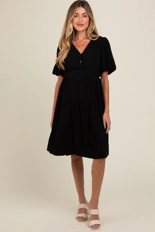 black-linen-puff-sleeve-maternity-dress