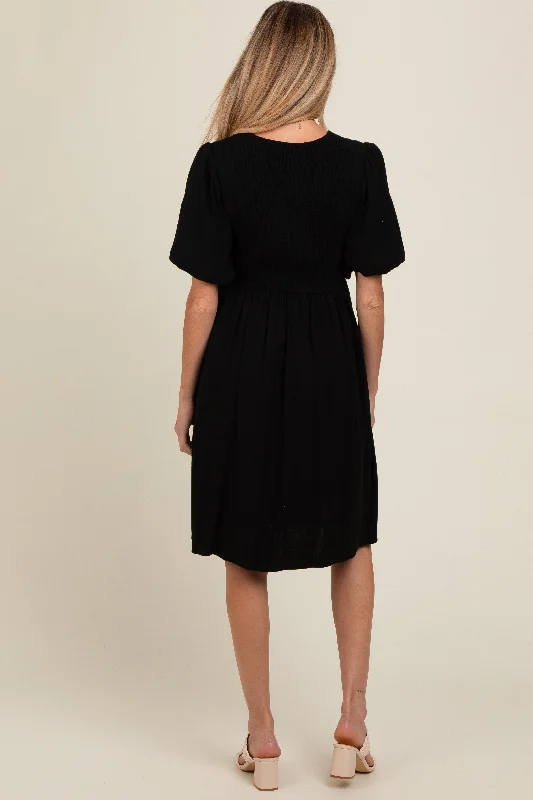 black-linen-puff-sleeve-maternity-dress