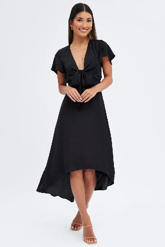 Black Midi Dress Short Sleeve Tie Back Satin