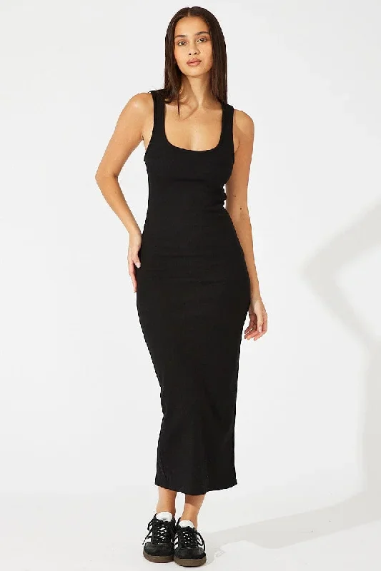 Black Midi Dress Sleeveless Bodycon Rib