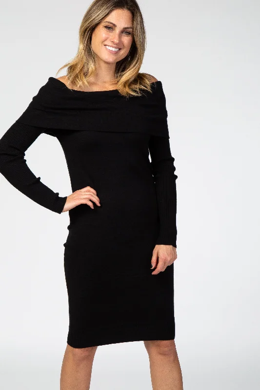 black-off-shoulder-midi-maternity-dress