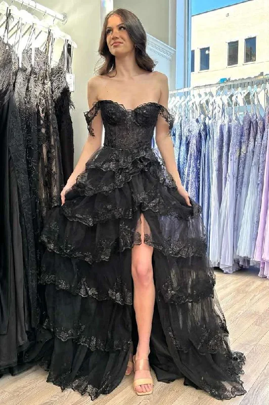 Black Off the Shoulder Lace Applique High Slit Tiered Prom Dress