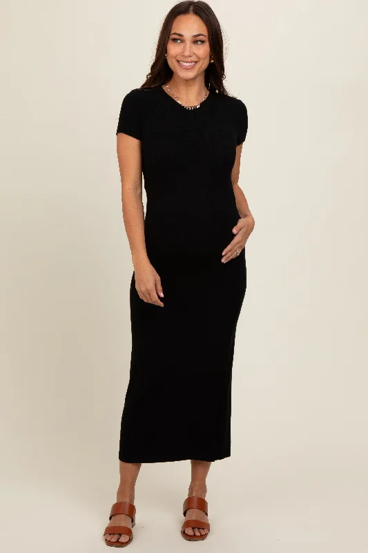 Black Rib Knit Back Slit Maternity Dress