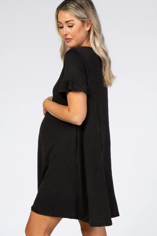 black-ruffle-sleeve-swing-maternity-dress