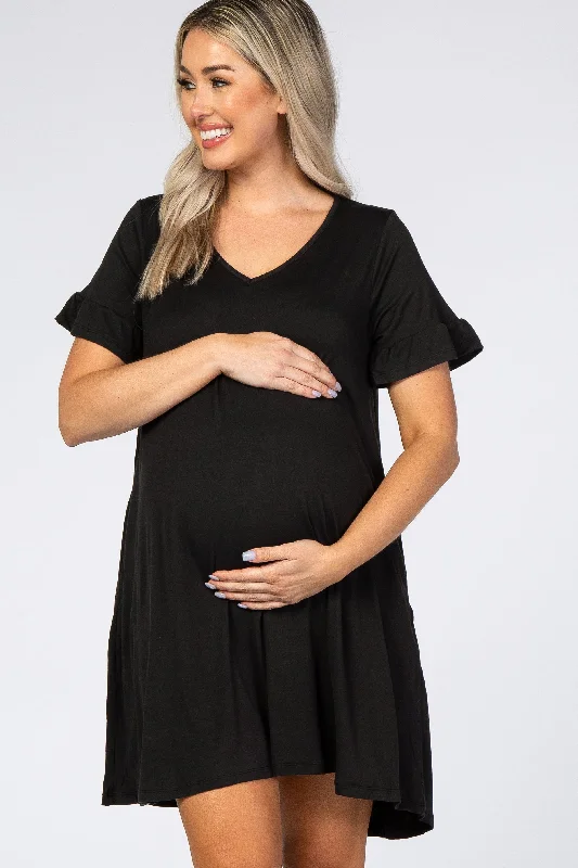 black-ruffle-sleeve-swing-maternity-dress