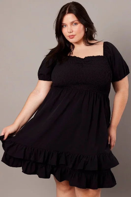 Black Shirred Mini Dress Sweetheart Neck