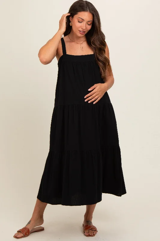 Black Tiered Maternity Midi Dress