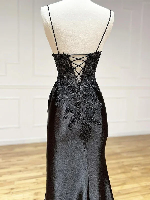 black-v-neck-satin-lace-long-prom-dress-black-lace-long-evening-dress