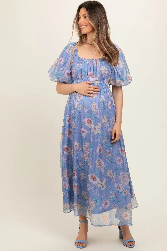 Blue Floral Chiffon Puff Sleeve Maternity Midi Dress