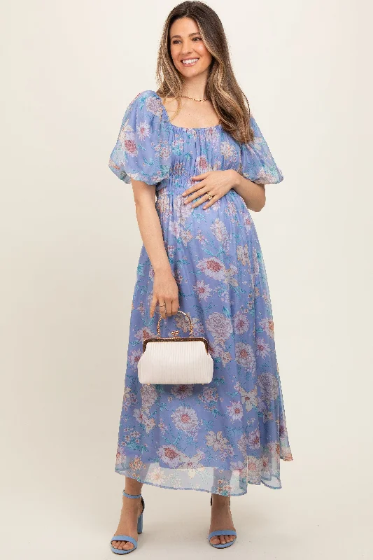 blue-floral-chiffon-puff-sleeve-maternity-midi-dress