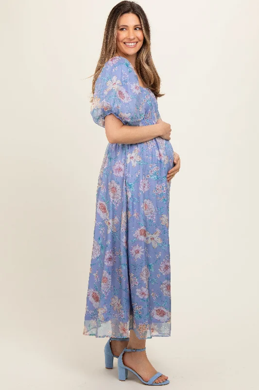 blue-floral-chiffon-puff-sleeve-maternity-midi-dress