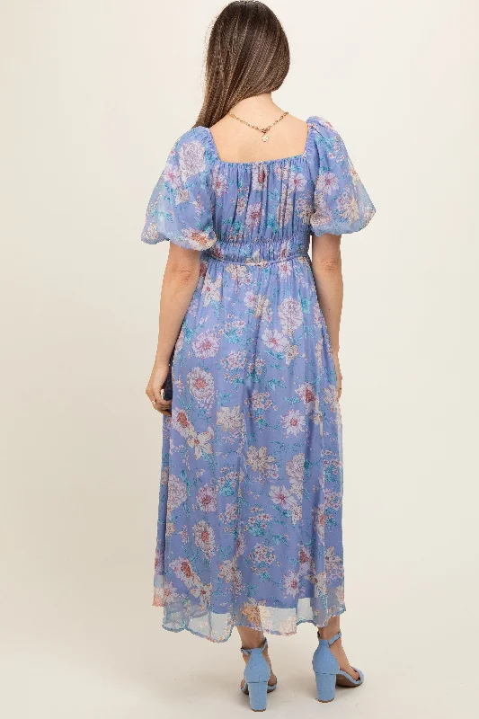 blue-floral-chiffon-puff-sleeve-maternity-midi-dress