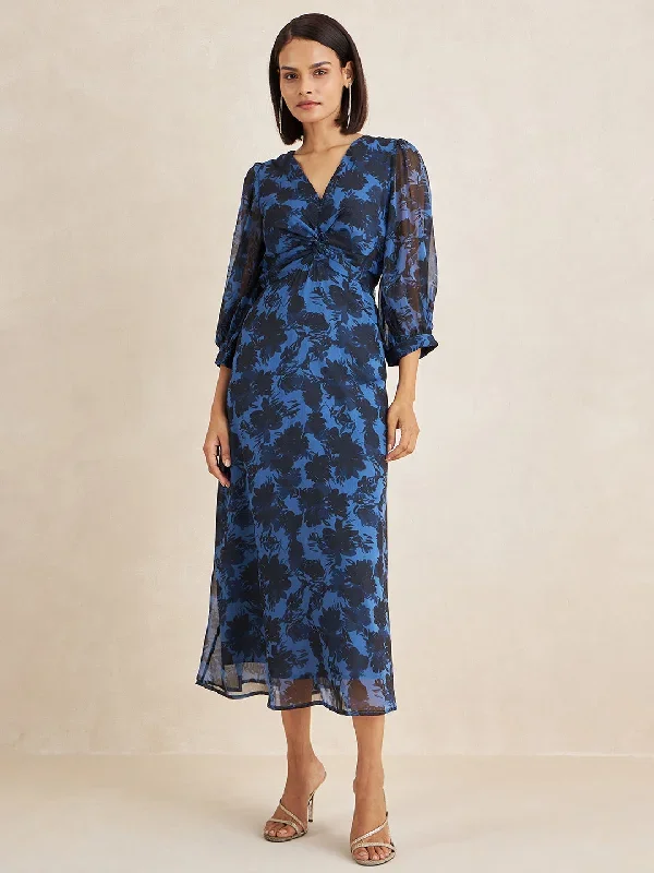 Blue Floral Print Front Twisted Maxi Dress