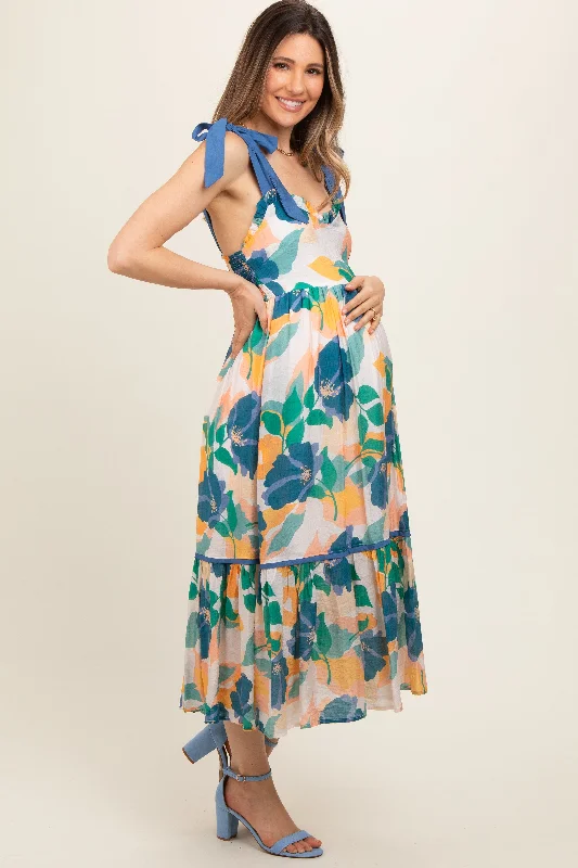 blue-floral-shoulder-strap-maternity-midi-dress