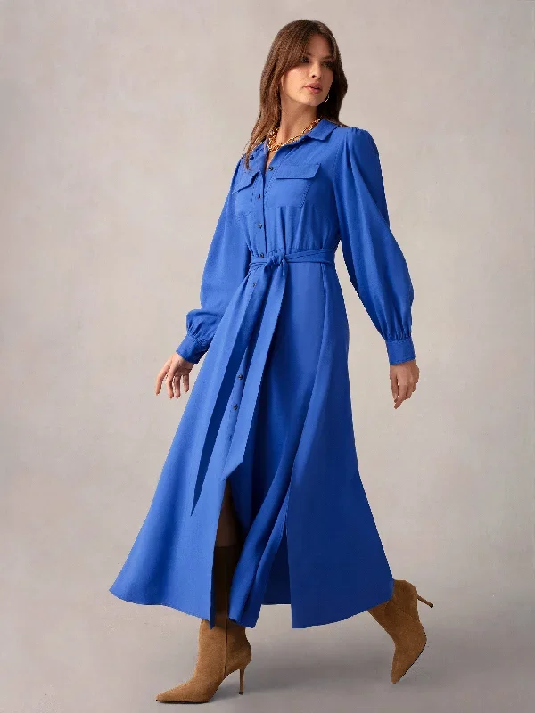 Blue Pocket Detail Midi Shirt Dress