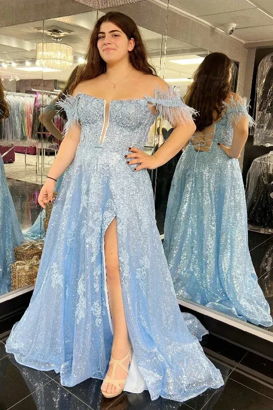 Blue Sequin Feather Off-the-Shoulder Lace-Up A-Line Prom Dress