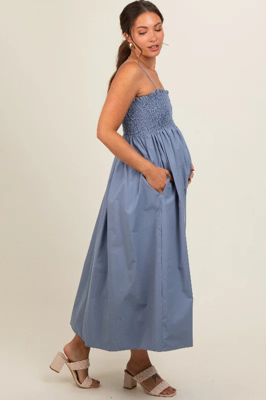 blue-smocked-pocketed-maternity-midi-dress