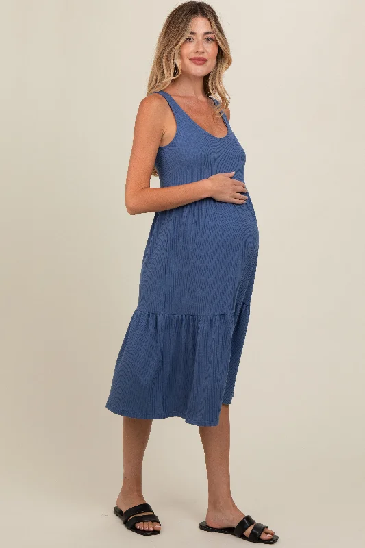 blue-tiered-sleeveless-maternity-midi-dress