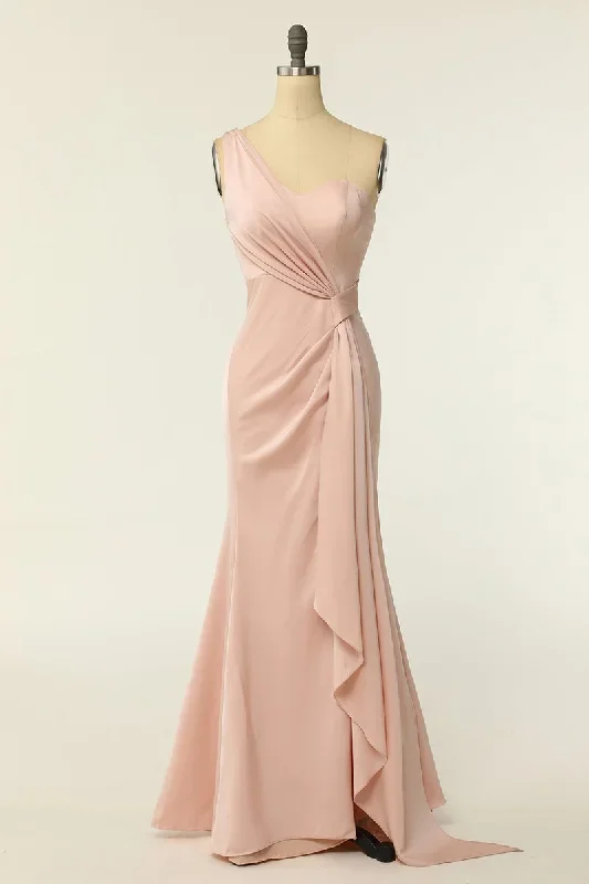 Blush Chiffon One-Shoulder Sheath Long Bridesmaid Dress