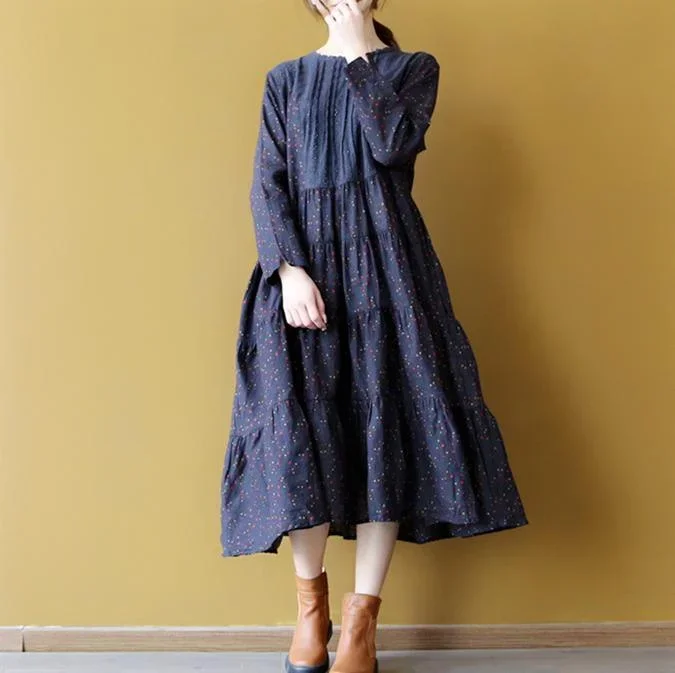 boutique blue linen dress casual floral cotton dress New patchwork linen dress