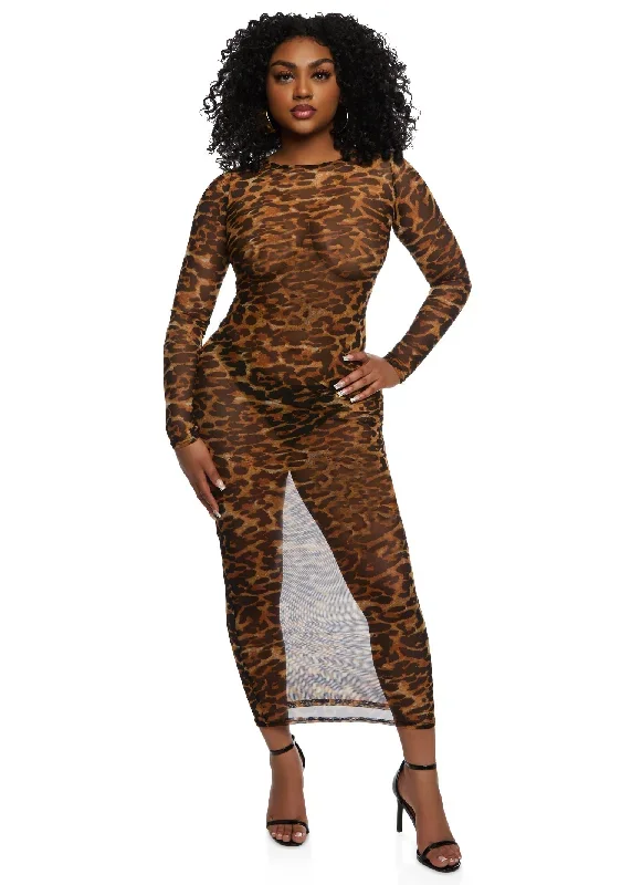 Animal Print Mesh Long Sleeve Maxi Dress