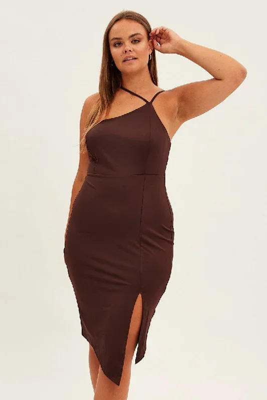 Brown Bodycon Dress One Shoulder Jersey