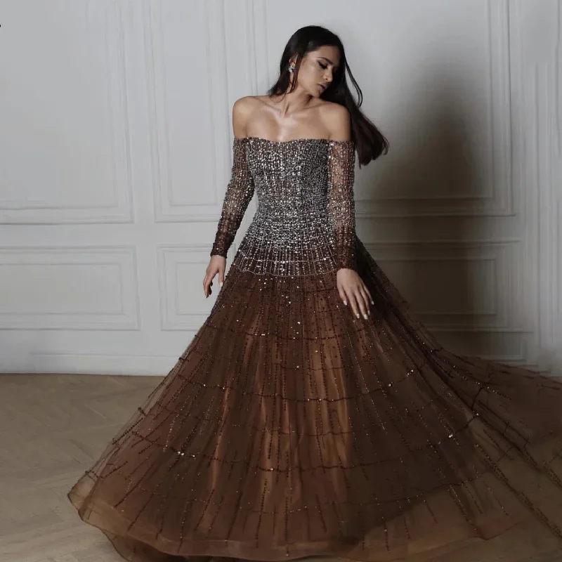 Brown Off Shoulder Evening Dresses Long Sleeves Prom Gowns For Women Wedding Party Formal Luxury A-Line Tulle Vestidos De Noche