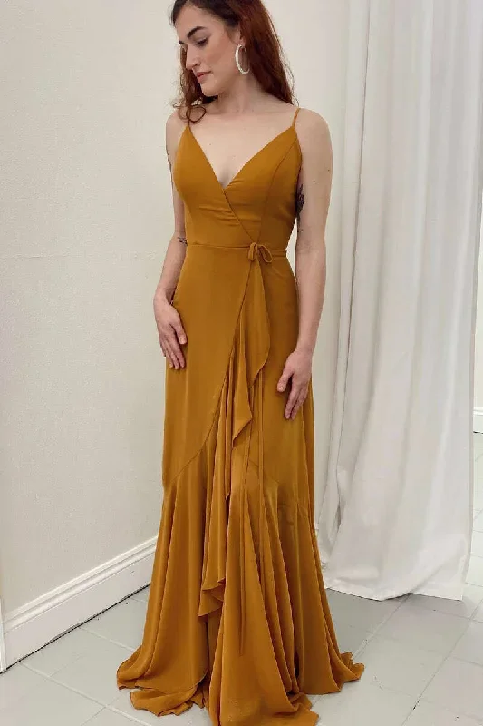 Brownish Yellow Wrap Ruffled Long Bridesmaid Dress