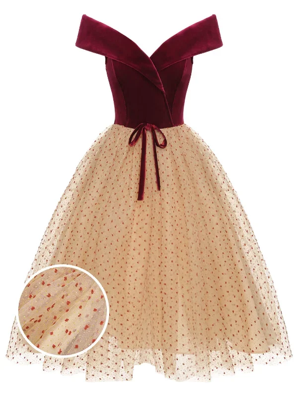 Burgundy 1950s Velvet Mesh Polka Dot Dress