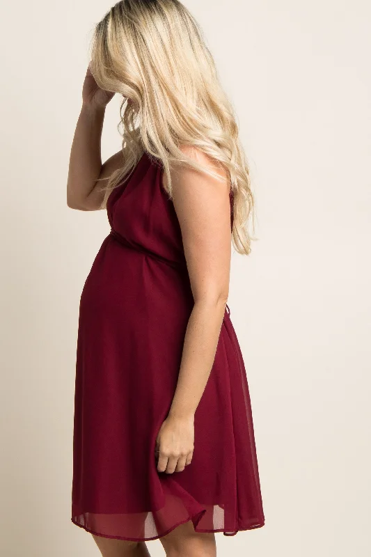 burgundy-chiffon-high-neck-maternity-dress